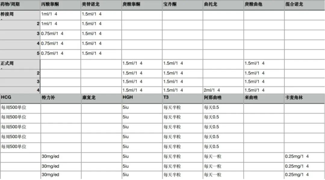 张志有花费近8000元得到的一份增肌计划和相关违禁药品。受访者供图（仅截取部分内容）