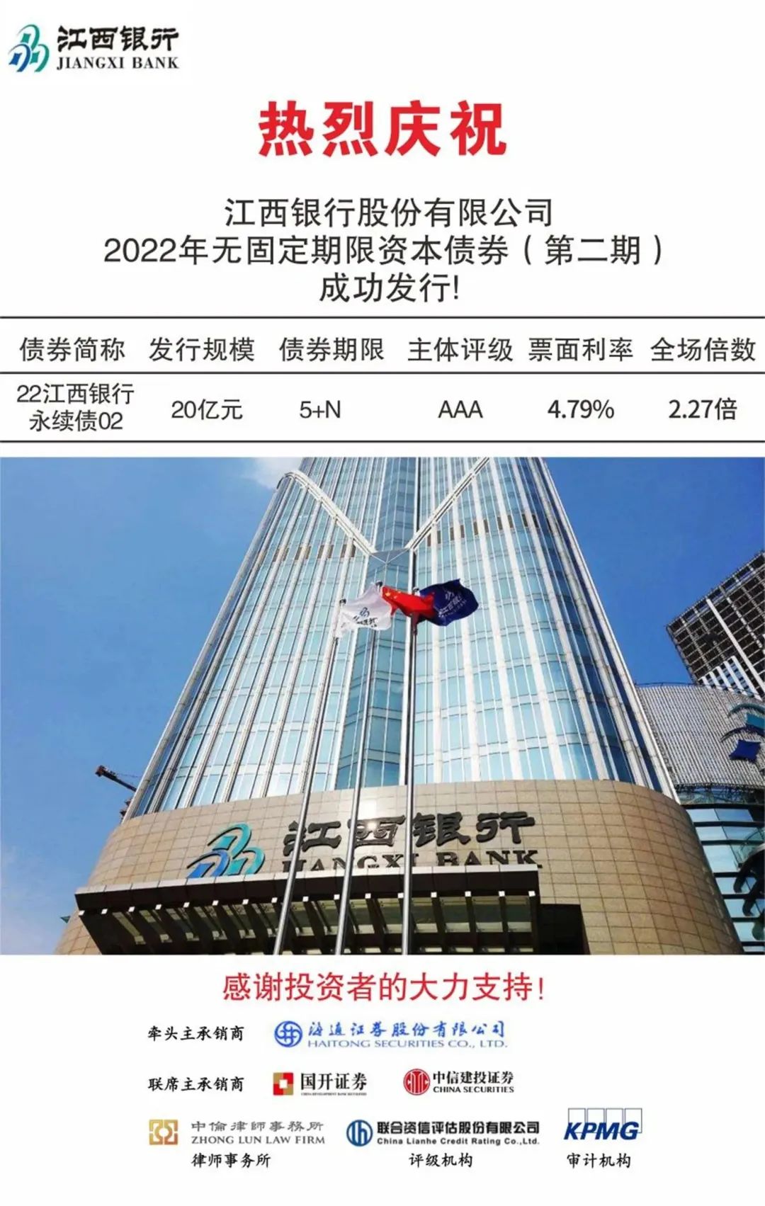交易中心支持江西银行成功发行20亿元永续债