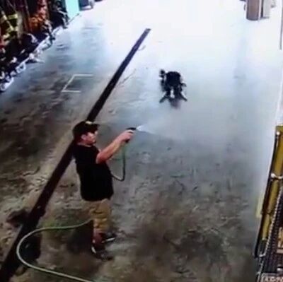 消防员准备冲洗消防车，结果一只边牧瞬间闪现...