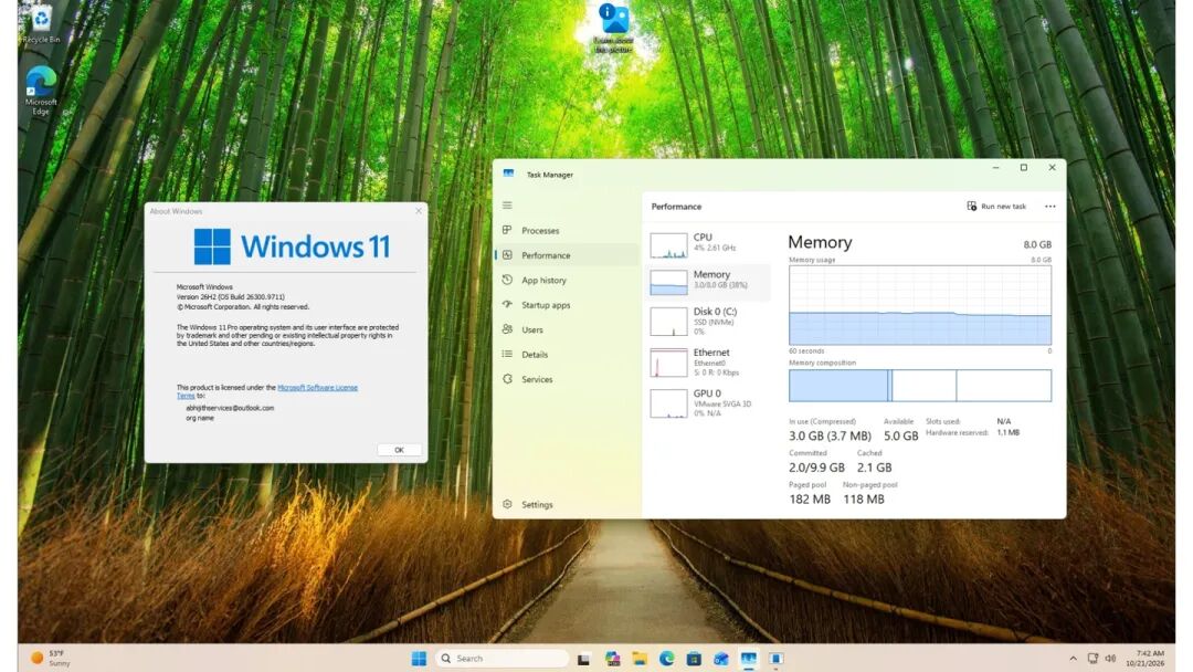 RAM usage is about 3GB on fresh Windows 11 26H2 on an 8GB RAM PC