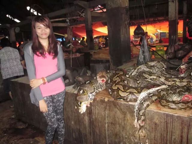 一个姑娘在卖蟒蛇的摊位上留影,后面是堆积如山的蟒蛇肉.