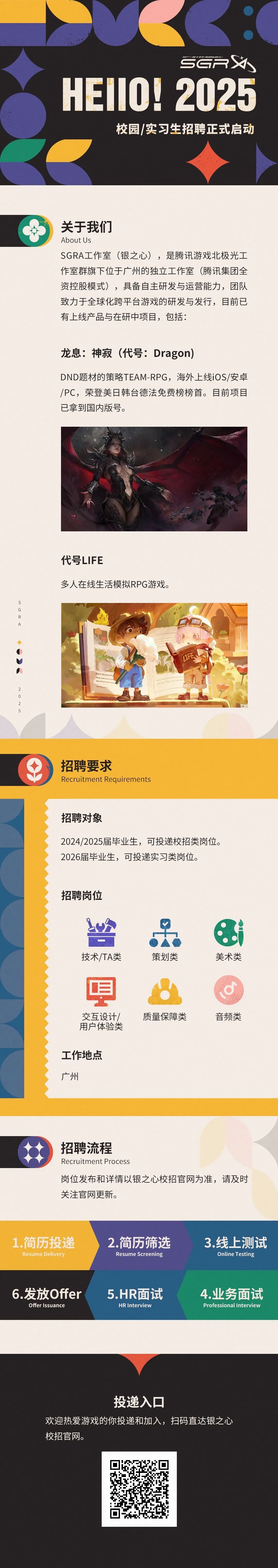 <p>SGR外</p> <p>HEIN0!2025</p> <p>校园/实习生招聘正式启动</p> <p>关于我们</p> <p>About Us</p> <p>SGRA工作室(银之心)，是腾讯游戏北极光工<br/>作室群旗下位于广州的独立工作室(腾讯集团全<br/>资控股模式)，具备自主研发与运营能力，团队<br/>致力于全球化跨平台游戏的研发与发行，目前已<br/>有上线产品与在研中项目，包括:</p> <p>龙息:神寂(代号:Dragon)</p> <p>DND题材的策略TEAM-RPG，海外上线iOS/安卓<br/>/PC，荣登美日韩台德法免费榜榜首。目前项目<br/>已拿到国内版号。</p> <p>代号LIFE</p> <p>多人在线生活模拟RPG游戏。</p> <p>S</p> <p>G</p> <p>R</p> <p>A</p> <p>LIFS</p> <p>0</p> <p>0</p> <p>0</p> <p>5</p> <p>招聘要求</p> <p>Recruitment Requirements</p> <p>招聘对象</p> <p>2024/2025届毕业生，可投递校招类岗位。<br/>2026届毕业生，可投递实习类岗位。</p> <p>招聘岗位</p> <p>技术/TA类</p> <p>策划类</p> <p>美术类</p> <p>●</p> <p>交互设计/<br/>用户体验类</p> <p>质量保障类</p> <p>音频类</p> <p>工作地点<br/>广州</p> <p>招聘流程</p> <p>Recruitment Process</p> <p>岗位发布和详情以银之心校招官网为准，请及时<br/>关注官网更新。</p> <p>1.简历投递</p> <p>Resume Delivery</p> <p>2.简历筛选<br/>Resume Screening</p> <p>3.线上测试</p> <p>Online Testing</p> <p>6.发放0ffer<br/>Offer Issuance</p> <p>5.HR面试</p> <p>HRInterview</p> <p>4.业务面试<br/>Professionallnterview</p> <p>投递入口</p> <p>欢迎热爱游戏的你投递和加入，扫码直达银之心<br/>校招官网。</p>