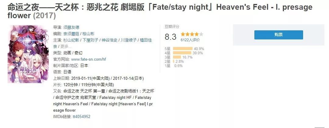 《命運之夜》劇場版（Fate/stay night Heaven's Feel）國內上映首日 豆瓣評分8.3 動漫 第2張