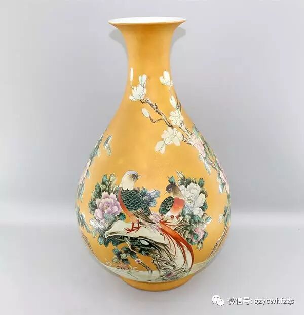 【陶瓷鉴赏】雍容华贵 金地粉彩花鸟纹玉壶春瓶