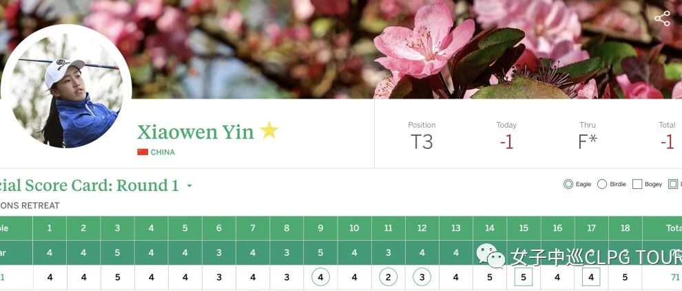 奥古斯塔国家女子赛首轮战罢  殷小雯T3曾莉棋T6叶雷T9