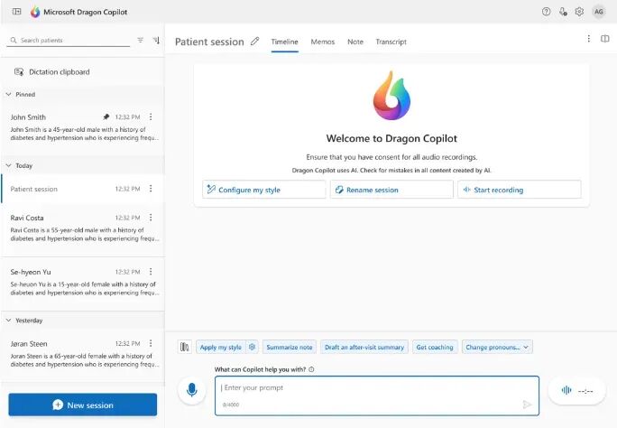 A screenshot of Dragon Copilots welcome page.