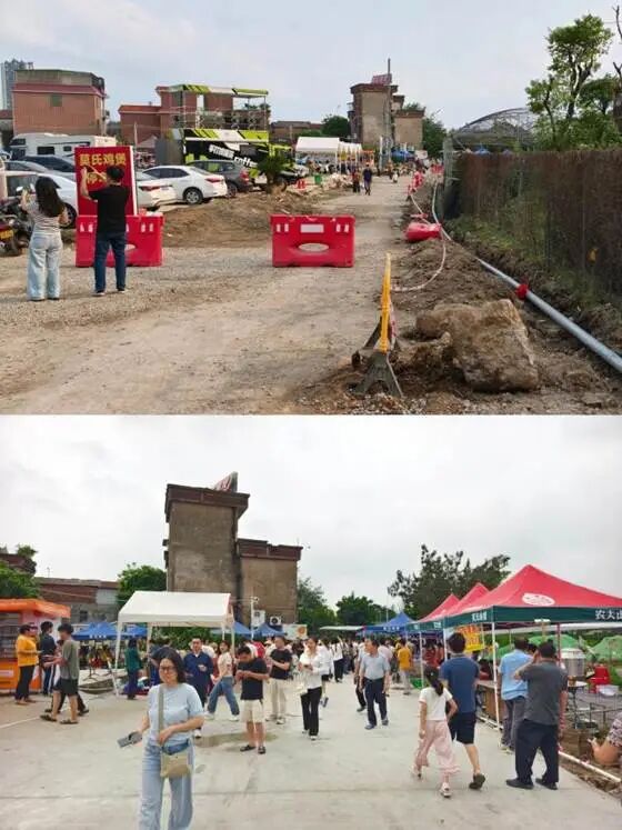 　　图为莫氏鸡煲停车场附近路面修整前后对比图，分别拍摄于4月9日、4月12日。人民网记者 王雅蝶摄、陈村镇宣教办 供图