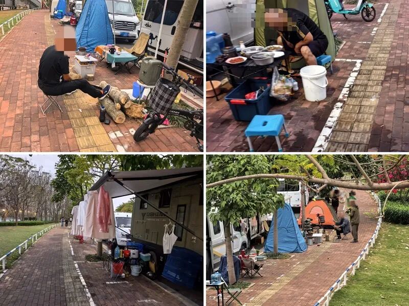南宁市青山大桥观景台路段，房车车主在人行道上露营、做饭等。受访者供图