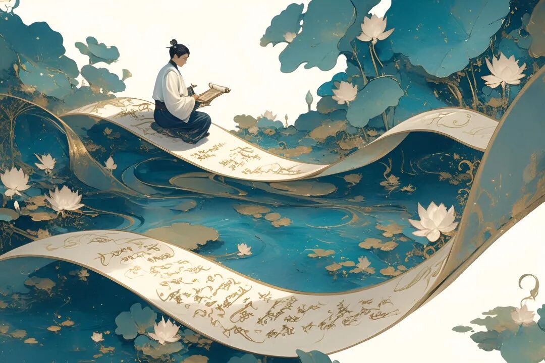 摄图网_603362195_古人坐卷轴上读书周围荷花环绕(企业商用).jpg