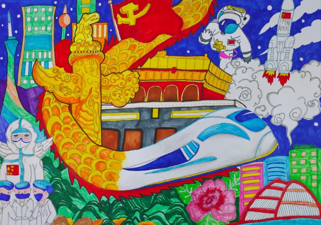 《建党百年,再创辉煌》▲黄雅南《建党100周年》▲许梓烨《阅兵》