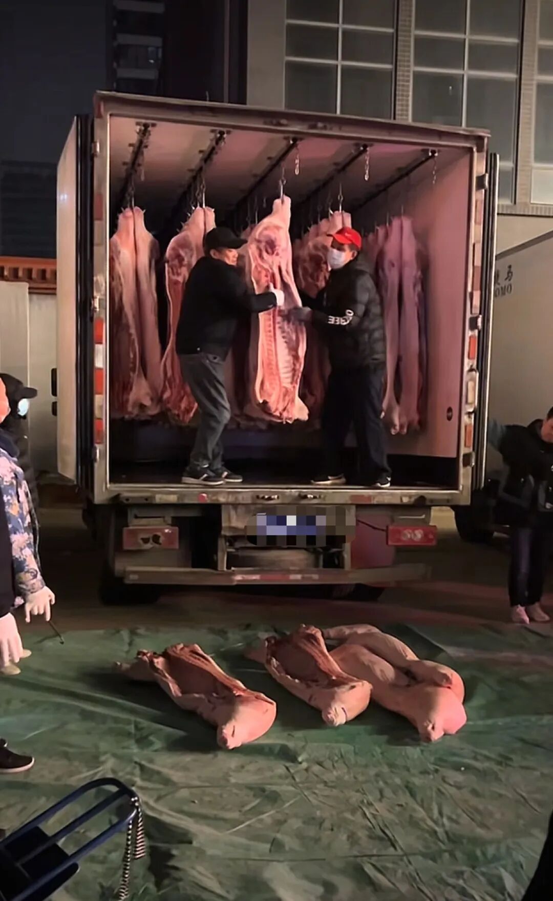 工作人员正在将猪肉从货车上卸下来