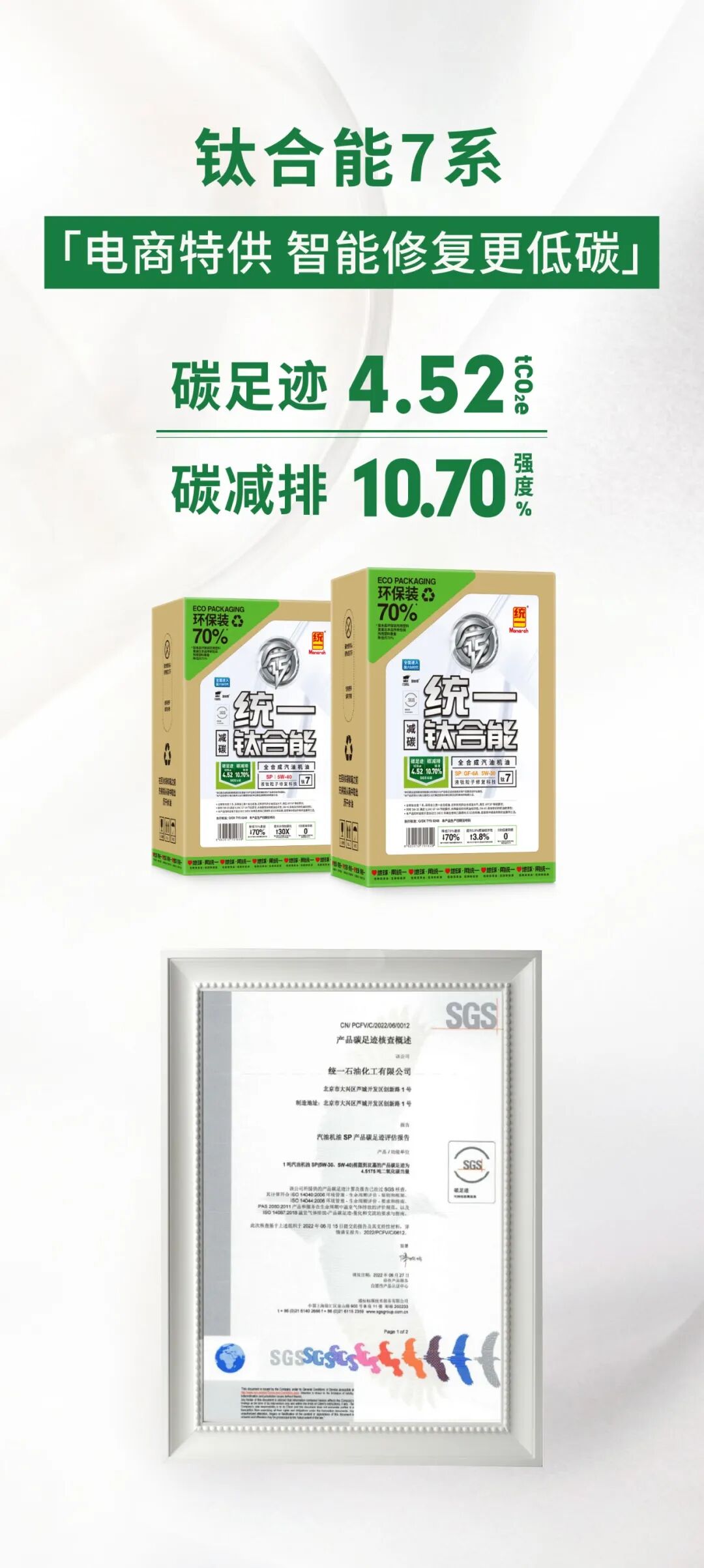 碳中富｜统一乘用车低碳润滑油全系通过SGS碳足迹减排强度认证