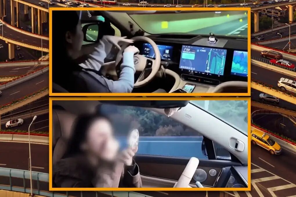 A woman in China has been fined for applying make-up, eating and dancing when driving while claiming that her car’s assisted driving system is more reliable than she is. Photo: SCMP composite/Shutterstock/CCTV
