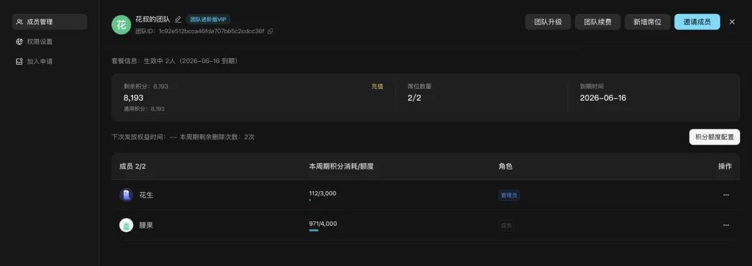 团队中心成员积分消耗 花生112/3000腰果971/4000