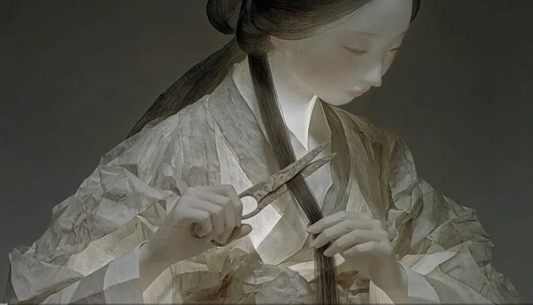 《牡丹记》剧照 鱼玄机由宣纸纤维构成 手持剪刀剪发