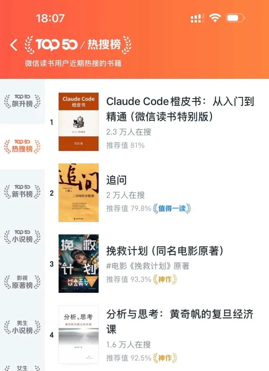 电子版在微信读书热搜榜排到第一