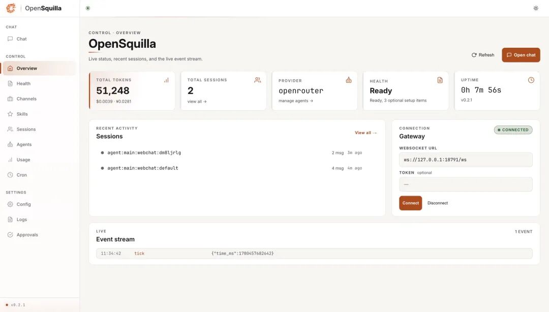 它跑起来是个本地控制台，用了哪家 provider、烧了多少 token、网关连没连，一屏看全