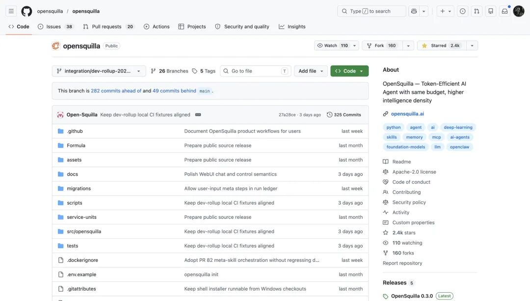 OpenSquilla 的 GitHub 主页，开源、2.4k star，最新发布就是 3.0.0