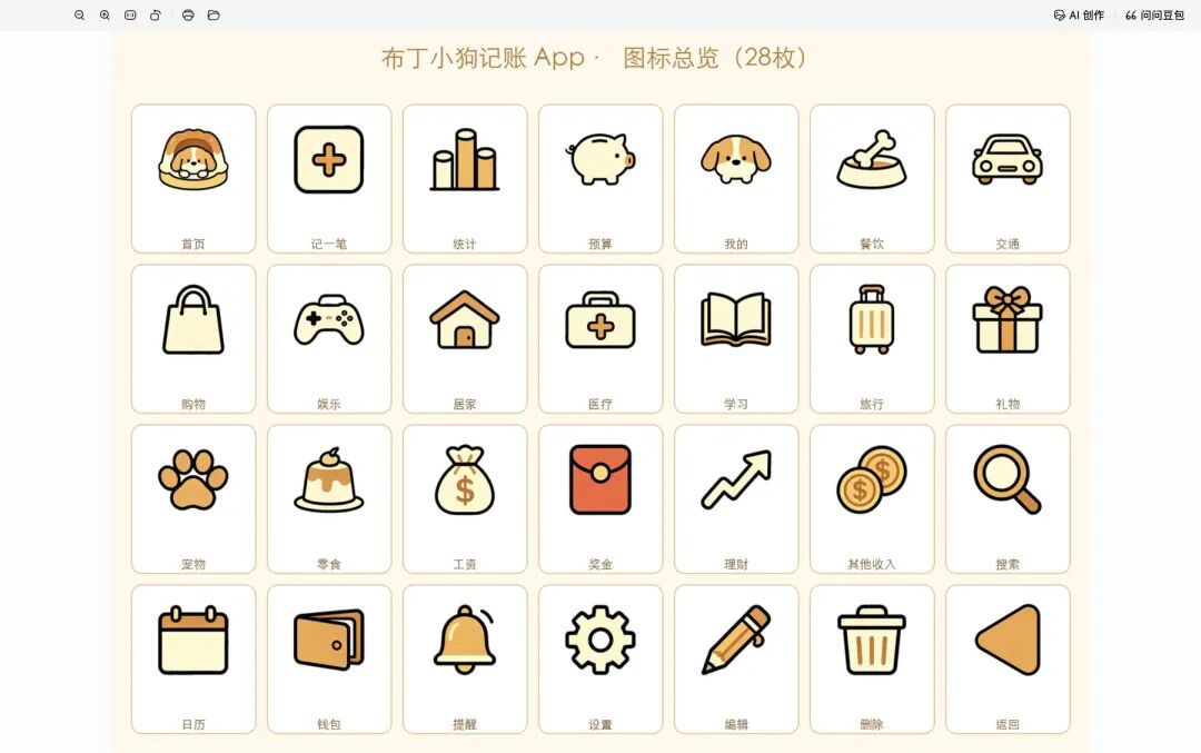 「布丁小狗记账App」的图标总览，28枚