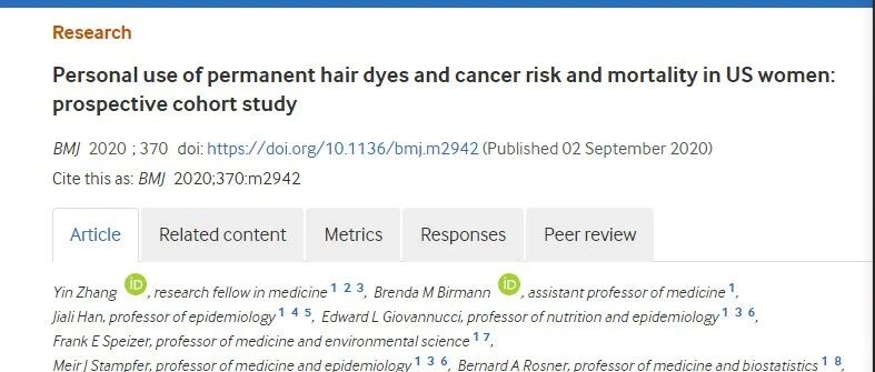 染发剂真的致癌？BMJ发文称女性使用永久性染发剂患基底细胞癌、乳腺癌和卵巢癌的风险有所增加