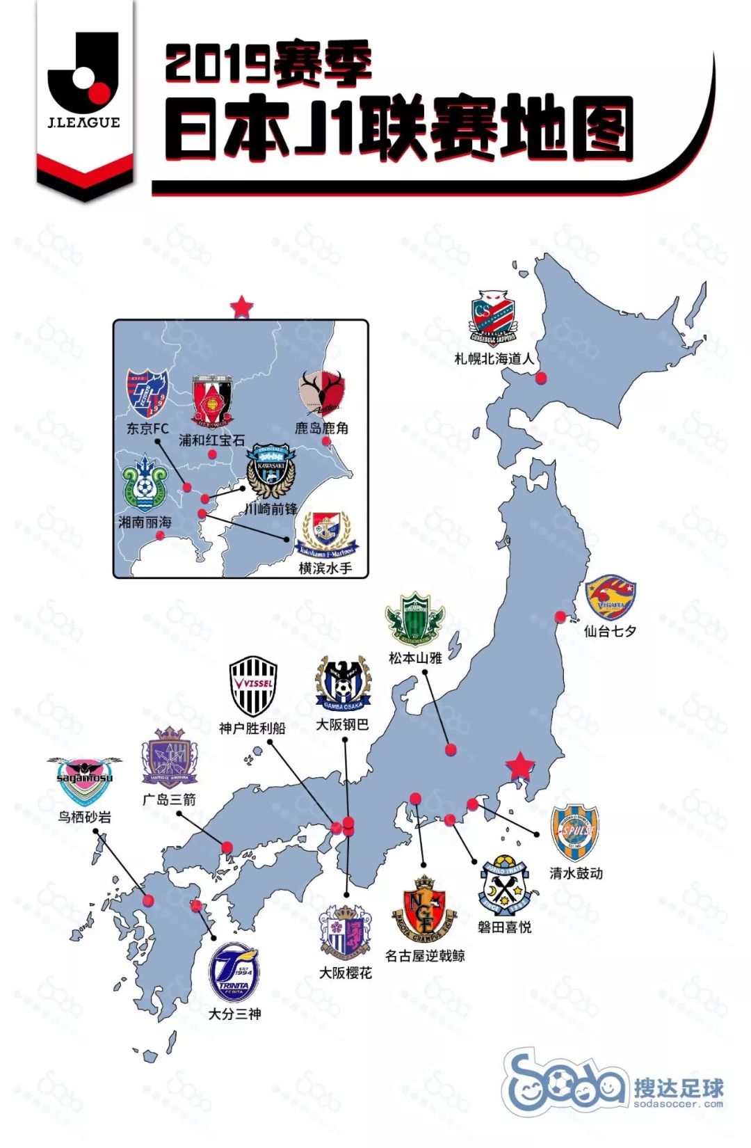 地图 19赛季日本j联赛36队分布 这些队徽设计绝了 搜达足球 微信公众号文章阅读 Wemp