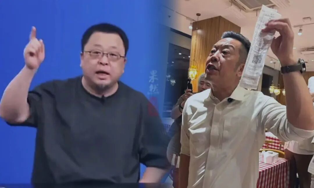 A combination of photos shows internet celebrity Luo Yonghao in a live broadcast claiming Xibei served pre-made dishes as freshly cooked ones, and Jia Guolong, founder of Xibei, promising that the restaurant does not serve pre-made dishes