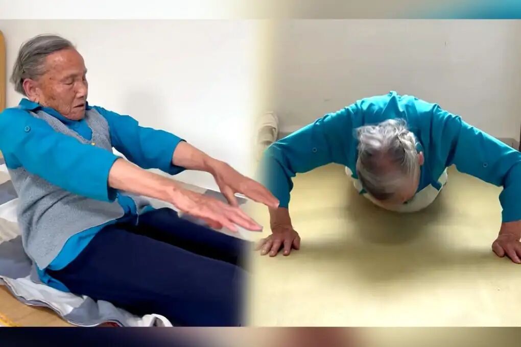 A 92-year-old grandmother in China has wowed the public by doing 200 push-ups and 100 sit-ups every day. Photo: SCMP composite/Douyin