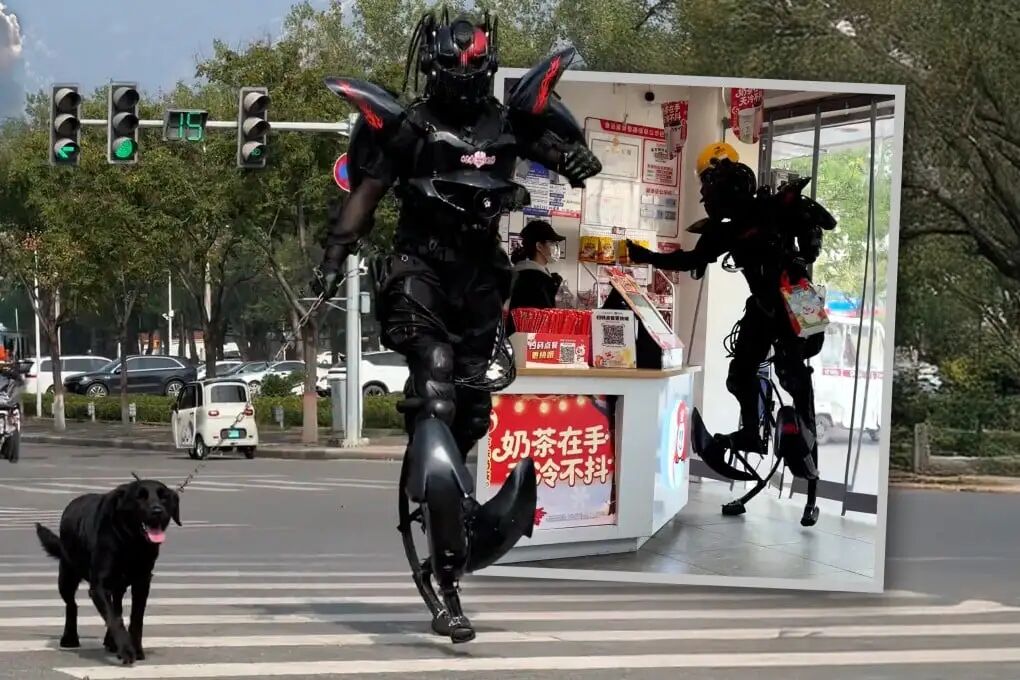 A restaurant owner in China has attracted online attention for wearing a homemade mecha suit while delivering food. Photo: Douyin