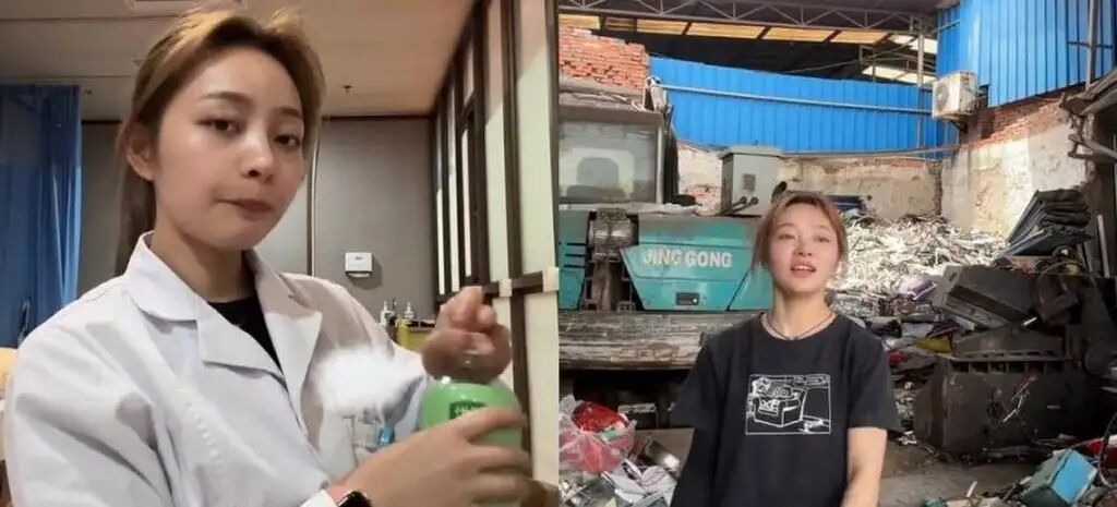 When Xiong's day finishes at the clinic, left, she heads straight for a physically demanding shift at the recycling yard. Photo: Weibo