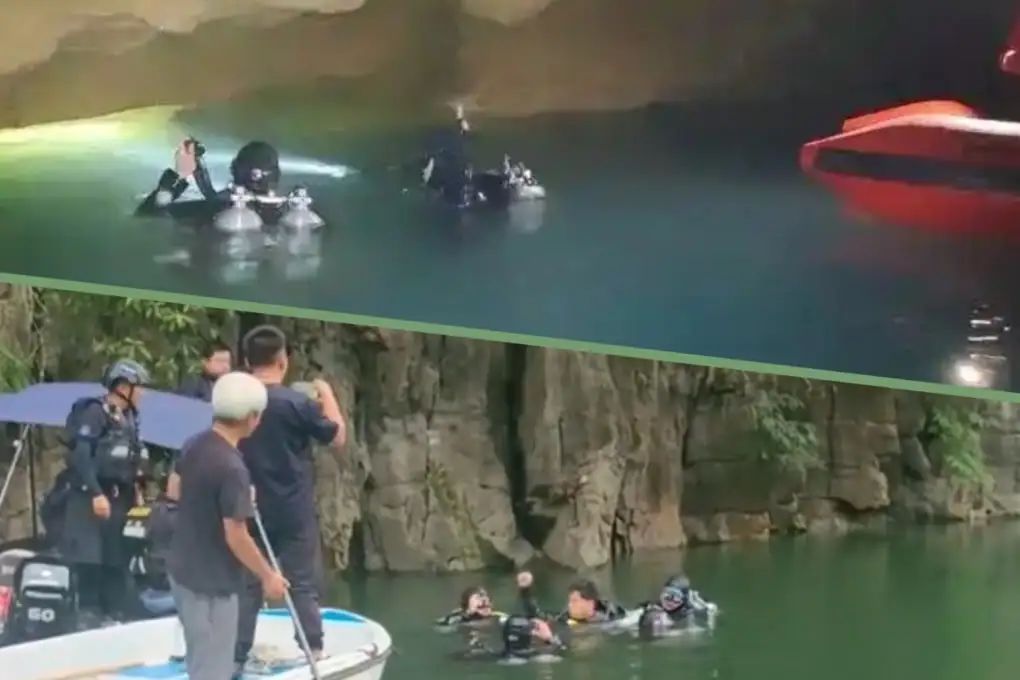 A Chinese man survived five days trapped underwater while diving in a cave by living on raw fish until he was rescued. Photo: SCMP composite/Douyin