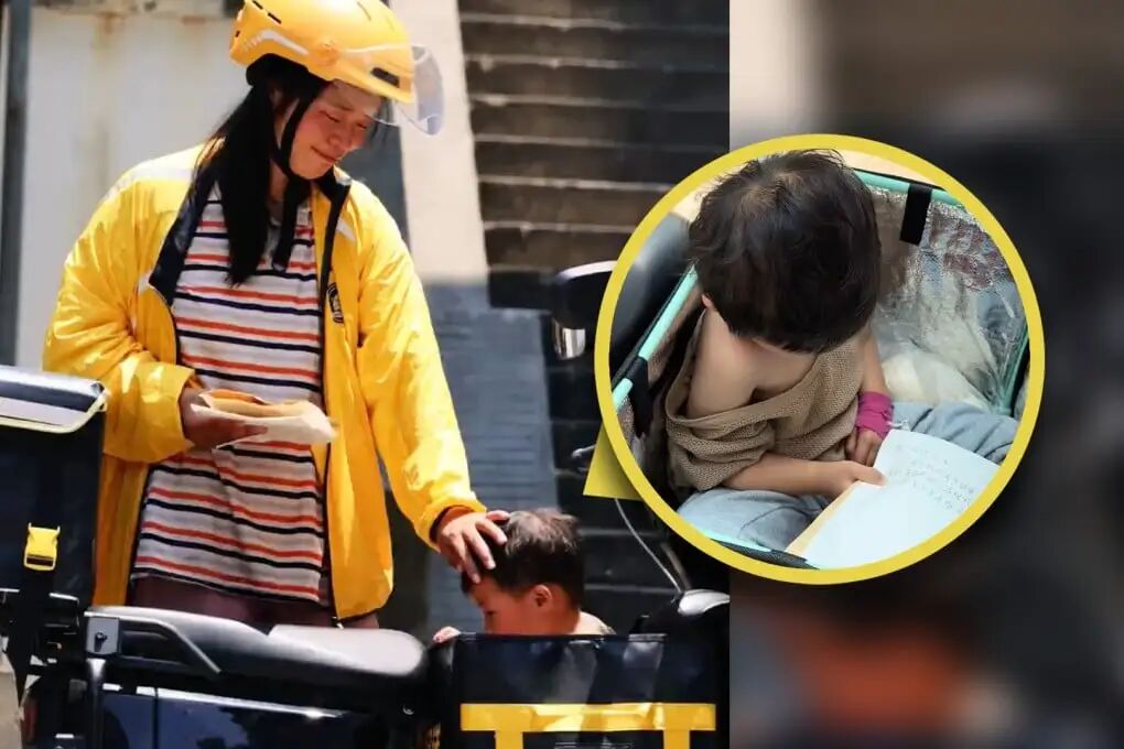 A Chinese mother has drawn online attention and sympathy after delivering food with her four-year-old daughter, who has a tumor, in a courier box.  Photo: SCMP composite/Douyin