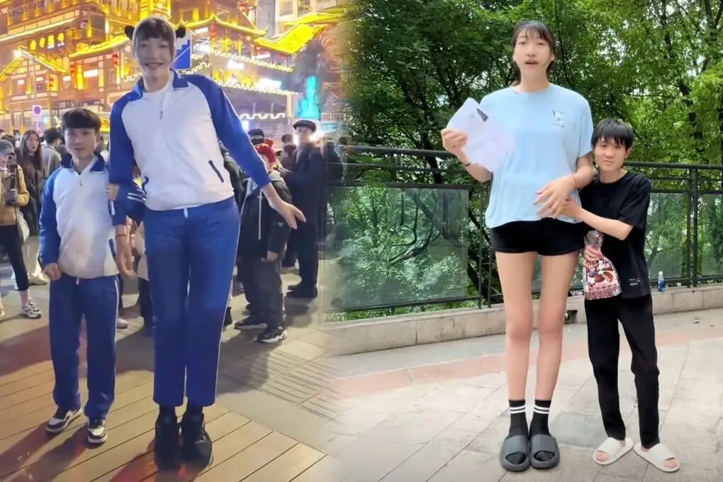 A 1.68-metre-tall man in China is set to marry his pregnant 2.2-metre-tall girlfriend later this year despite his family's objection to their mismatched heights. Photo: SCMP composite/Douyin
