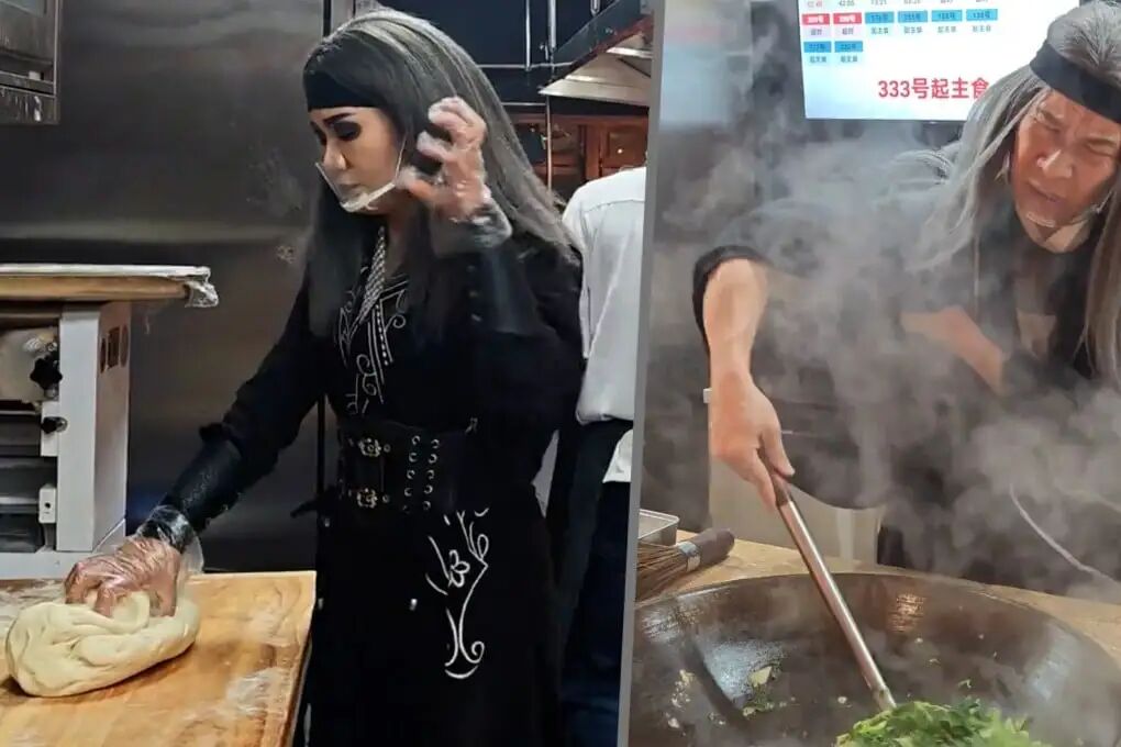 A restaurant in China has gone viral for featuring villainous characters from martial arts novels who cook using kung fu techniques. Photo: Douyin