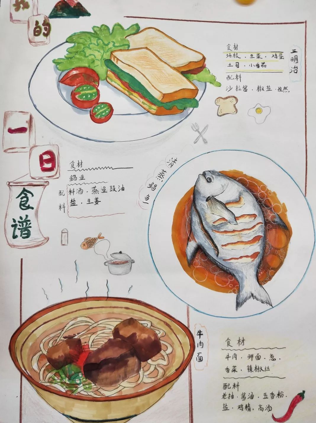 鸡蛋卷,螃蟹,水果最有意思的要属六年级"我的一日营养食谱"海报绘画