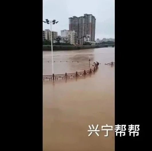 兴宁亲水公园走廊被河水淹没，居然还有小孩下去玩水...
