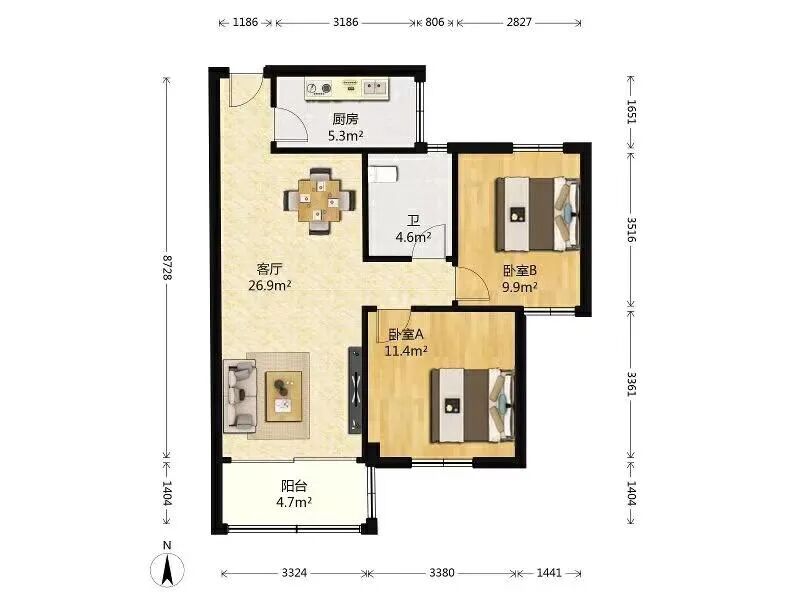 天河北总价520万 | 金富苑 ，76平，南向两房、全明户型、厅出大阳台！