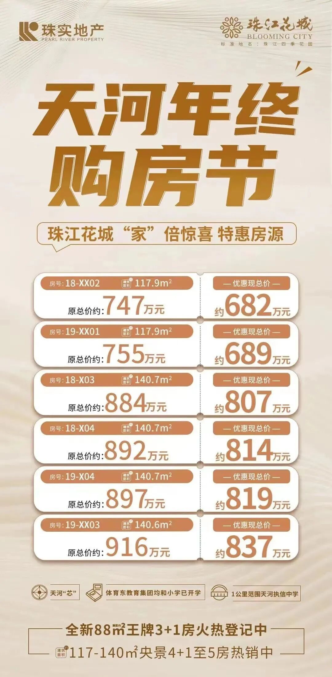 珠江花城*期45万起抢天河城芯88㎡