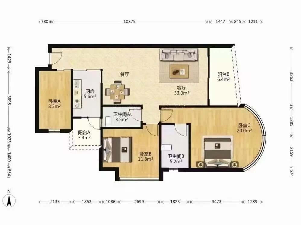 天河北总价1200万三房 |  希尔顿阳光，118平三房，厅出大阳台、安静南向