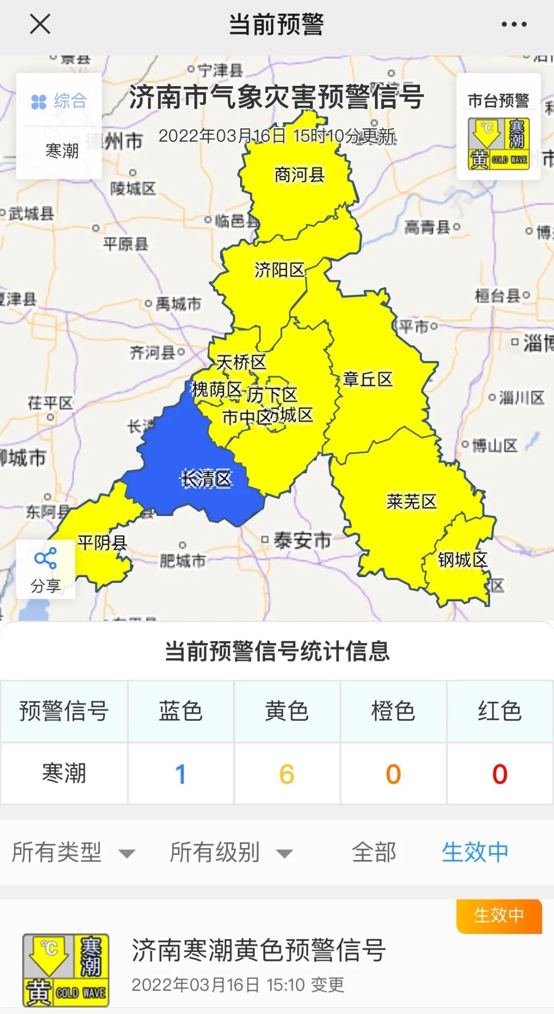 濟南市氣象臺2022年03月16日15時10分繼續發佈寒潮黃色預警信號:受強