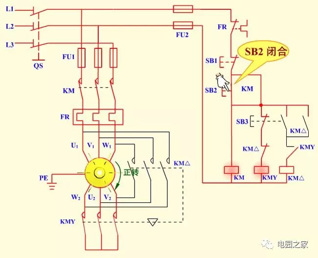 按鈕接觸器控制星型三角形降壓起動控制線路