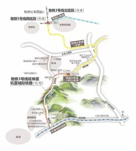 工業大學站,科技學院站到小和山站止,若沿閒祝路,閒富路延伸則與杭富