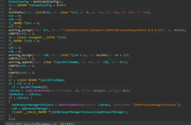 Figure 6. IDA snippet showcasing the load and call into SGMiniBrowserHelperHost1.0.0.8.dll