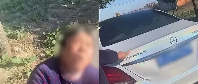 大妈绕奔驰划车一圈，不料司机在车内玩手机，跪地求饶“没钱赔”！