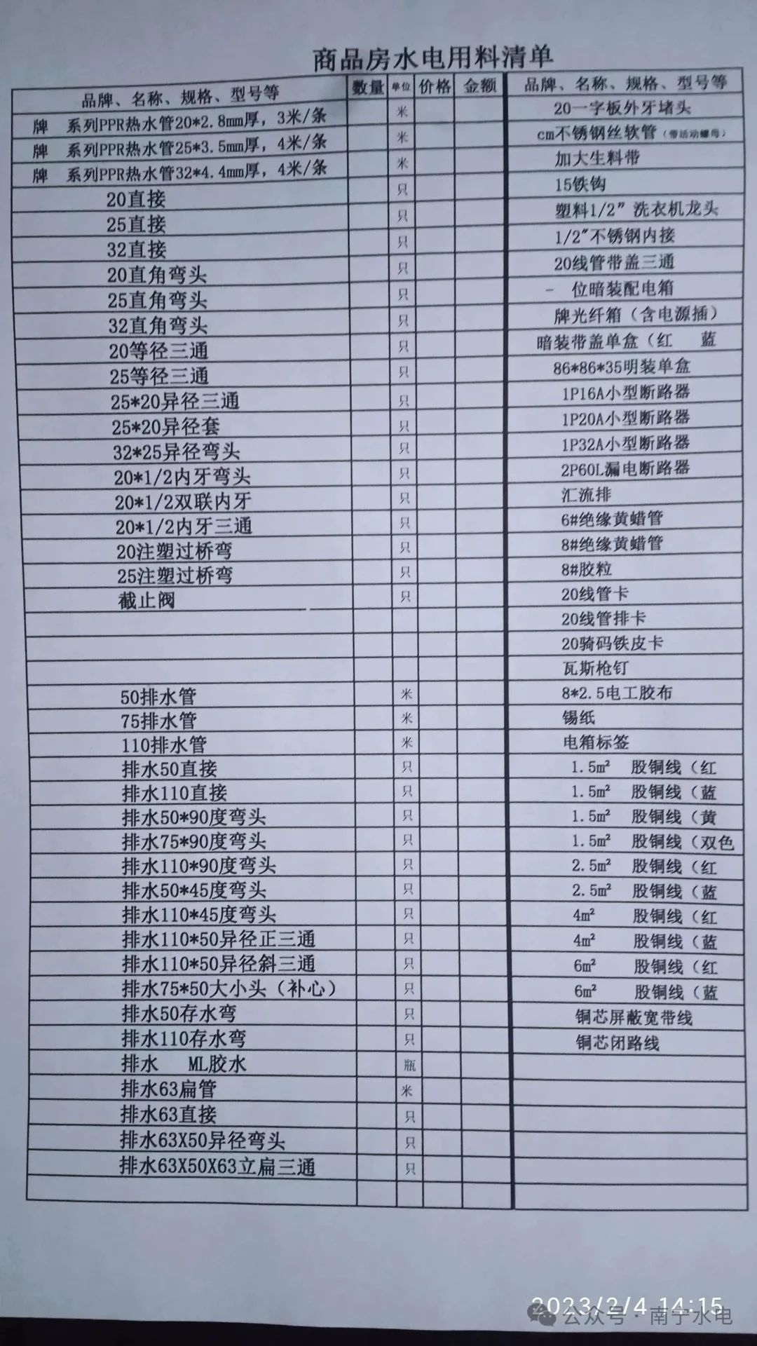 水电师傅开料清单
