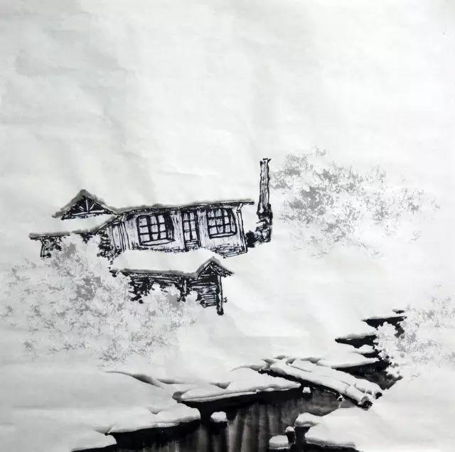 用雪地皴笔画出房盖,独木桥和河岸.