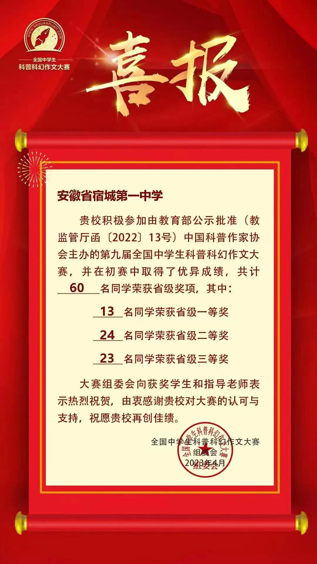 全国科普科幻作文大赛官网 喜报：全国中学生科普科幻作文大赛，我校60人获奖