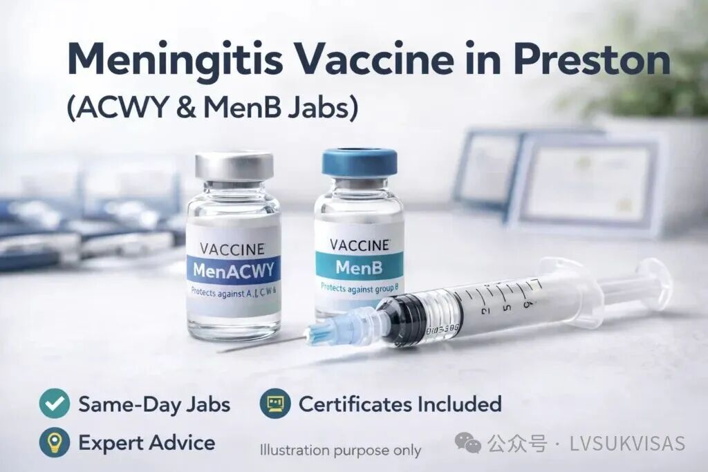 Meningitis vaccine in Preston showing ACWY and MenB vials with syringe for same-day vaccination service.