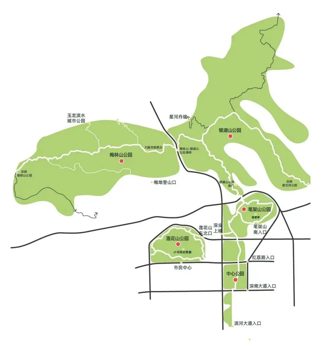深圳通过远足径,郊野径和公园园道无缝连接莲花山公园,笔架山公园