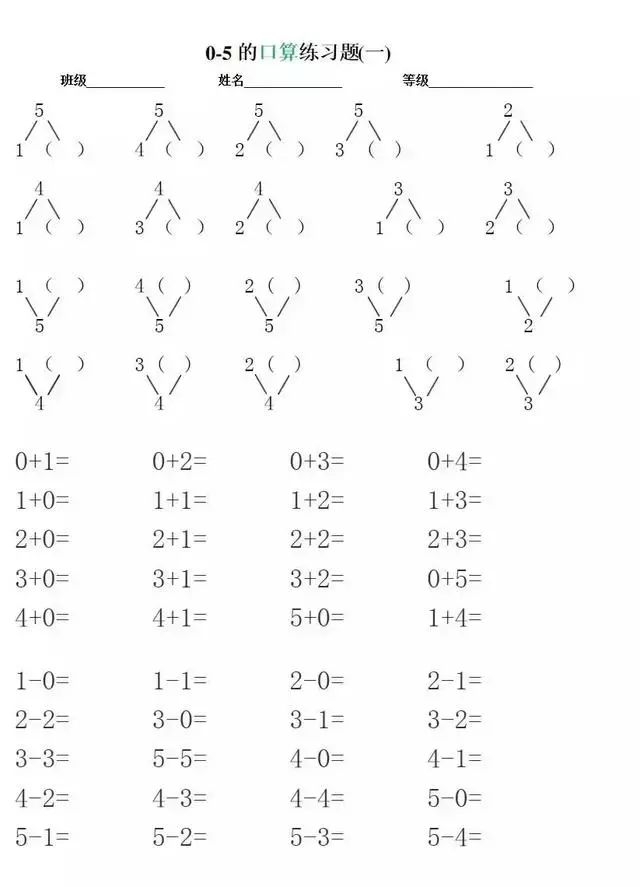 一年级数学上册5以内的加减口算 分与合 填空 比大小全练习 学习秘笈 微信公众号文章阅读 Wemp