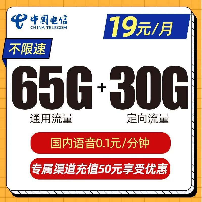 电信华丽卡19元95G全国高速流量